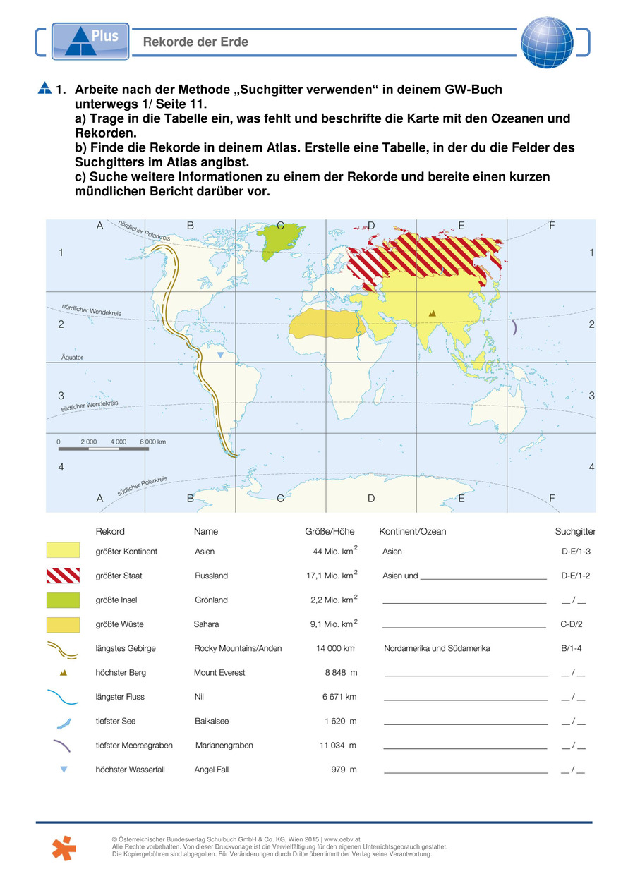 Arbeitsblatt zur Karte der Kontinente und Ozeane