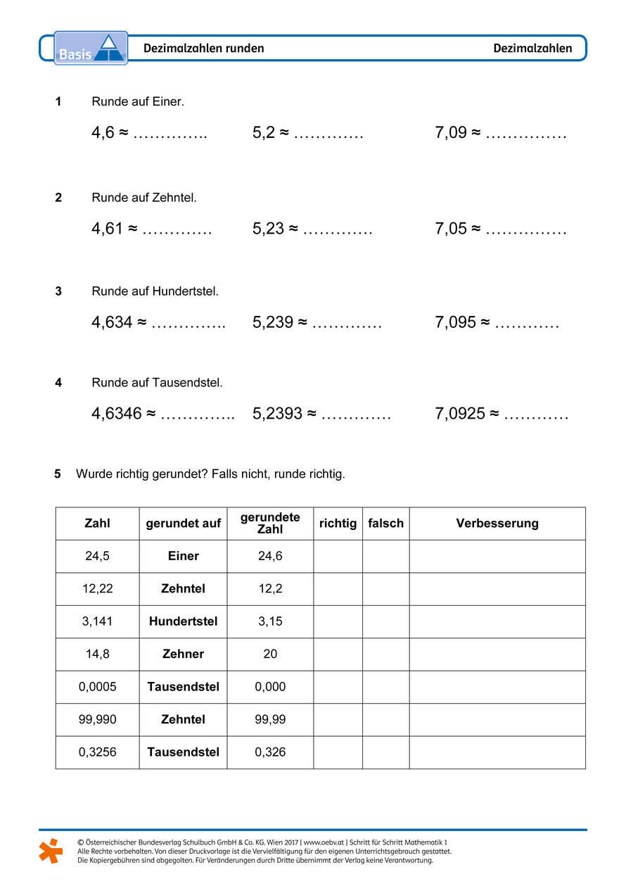 Dezimalzahlen runden Arbeitsblatt | öbv