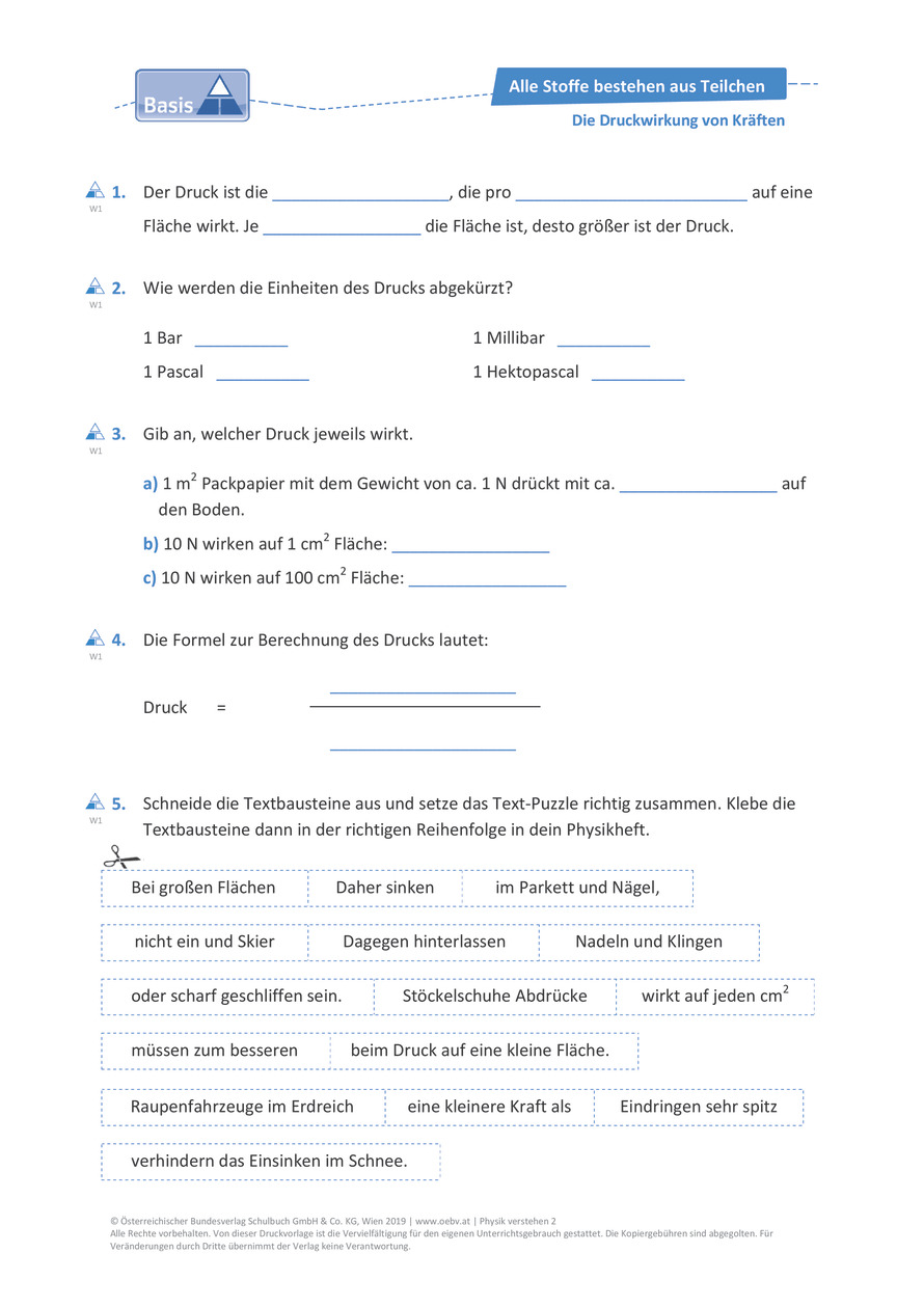 Die Druckwirkung von Kräften Arbeitsblatt | öbv