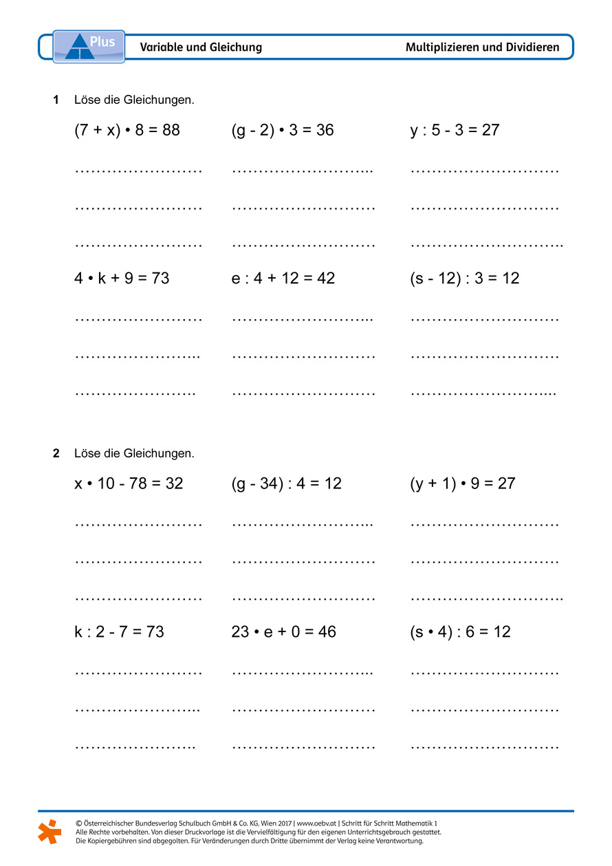 Einfache Gleichungen lösen Arbeitsblatt | öbv