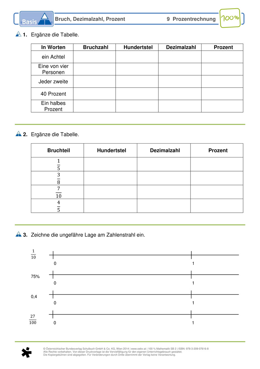 Bruch, Dezimalzahl, Prozent Arbeitsblatt | öbv